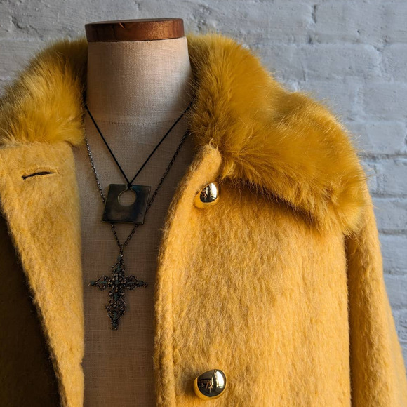 Retro 70s style Groovy Yellow Wool Yellow Penny Lane Jacket Shag Trench Coat - Picture 6 of 9
